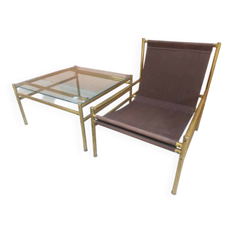 1960s vintage set — brass and glass chairs and table in straw yellow (set of 3)