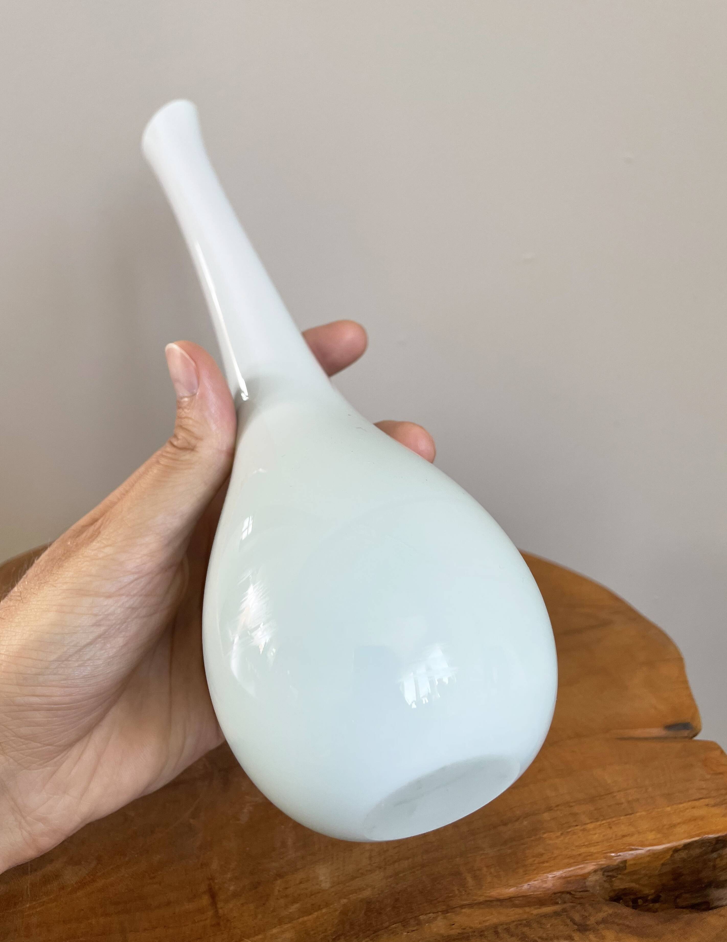 White and Green Long-Neck Vase, Handblown Coloured Glass, Single Flower Vase