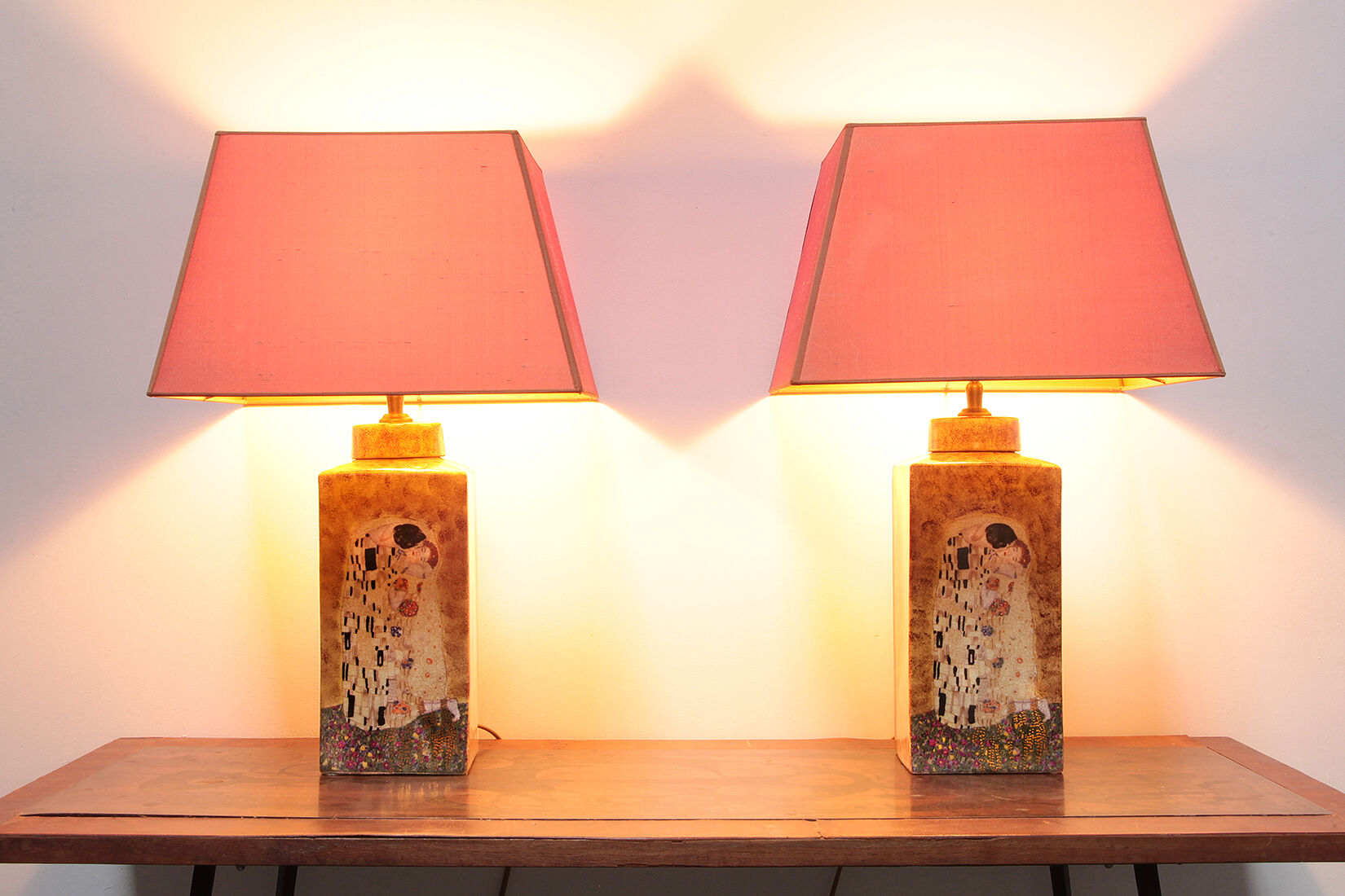 Set of two handmade ceramic gustav klimt table lamps, 80s