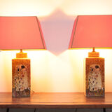 Set of two handmade ceramic gustav klimt table lamps, 80s