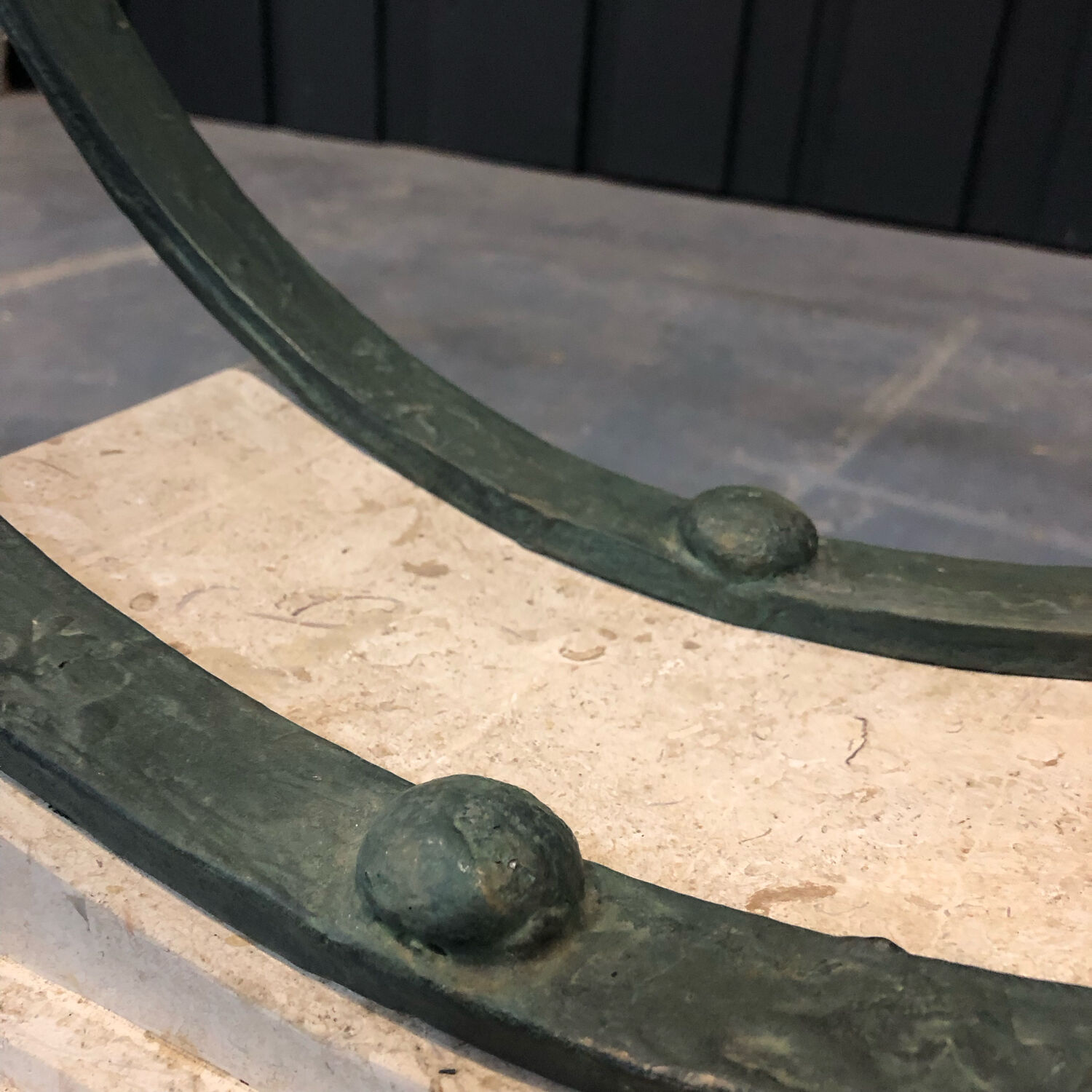 Iron and glass console, antique patina