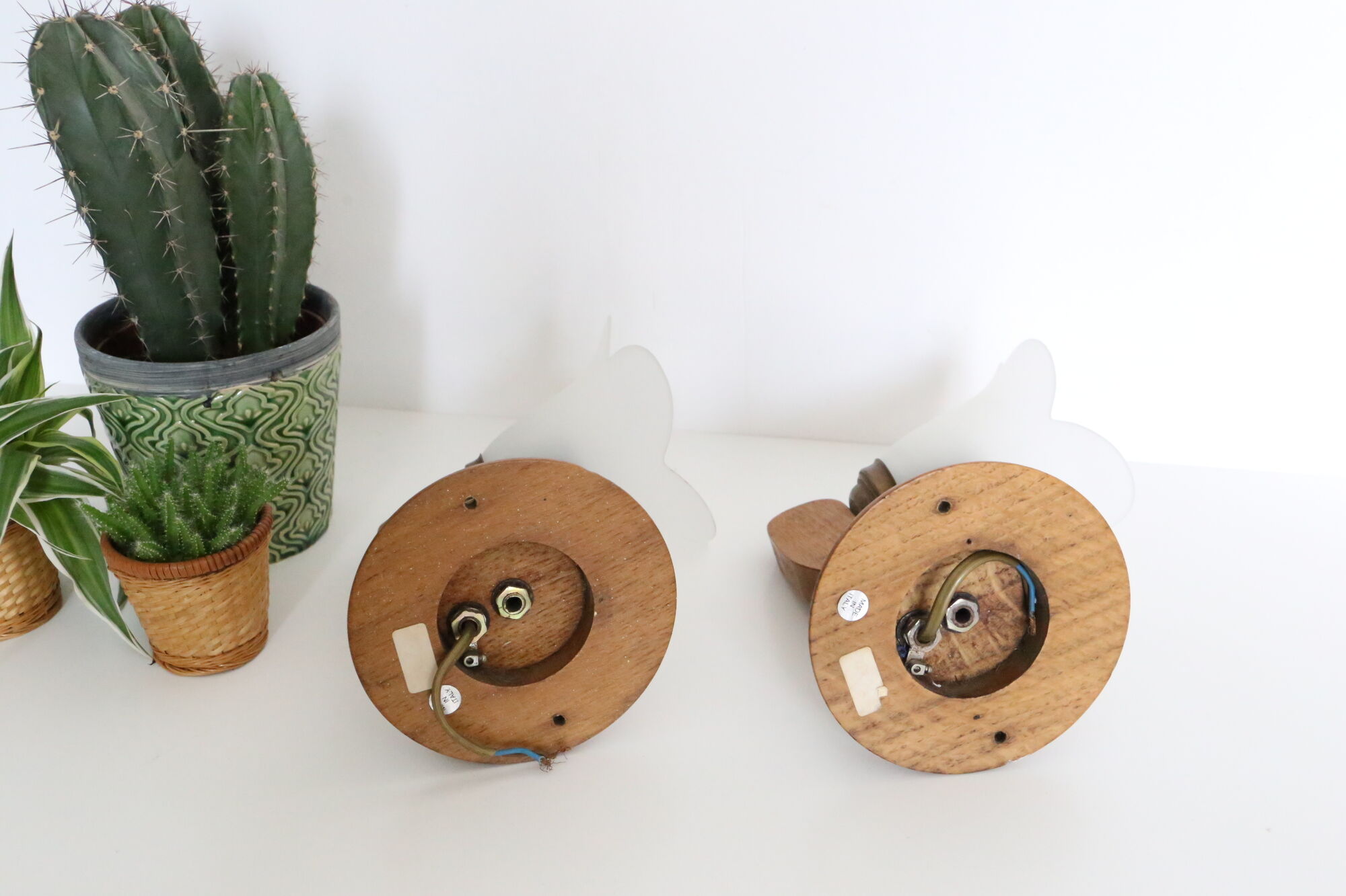 Duo of wooden appliques and tulip globe in scrambled glass, based on brass