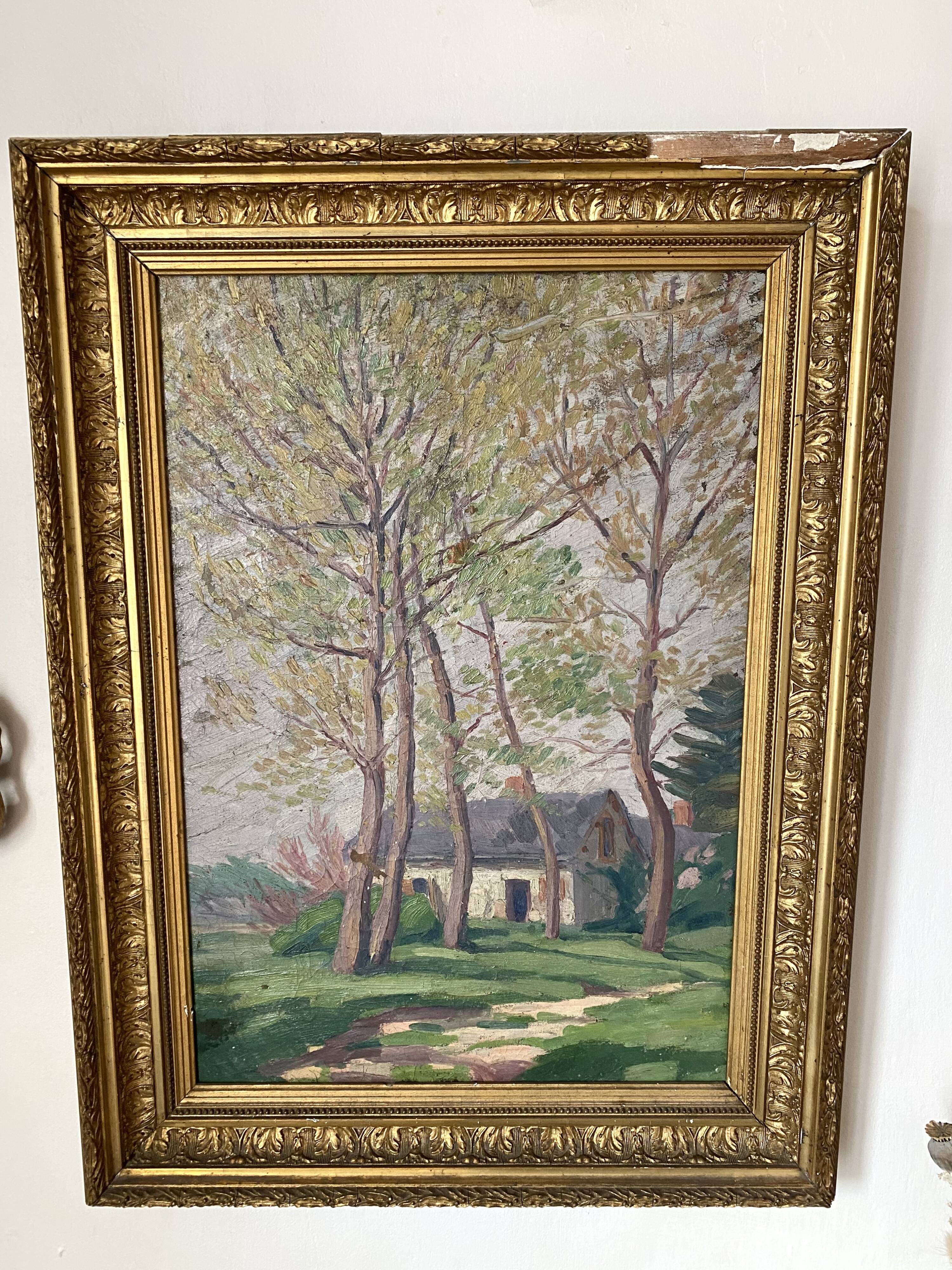 Old oil on canvas, wooded landscape with house, gilded frame.