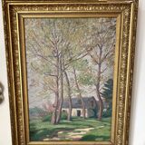 Old oil on canvas, wooded landscape with house, gilded frame.