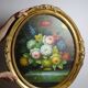 Large oil on canvas bouquet medallion wooden frame gilded stucco vintage