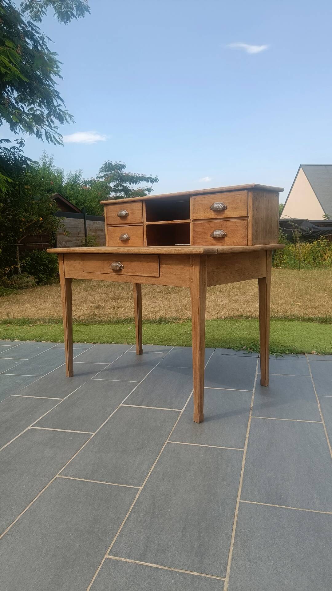 Antique solid oak desk with steps – 5 drawers