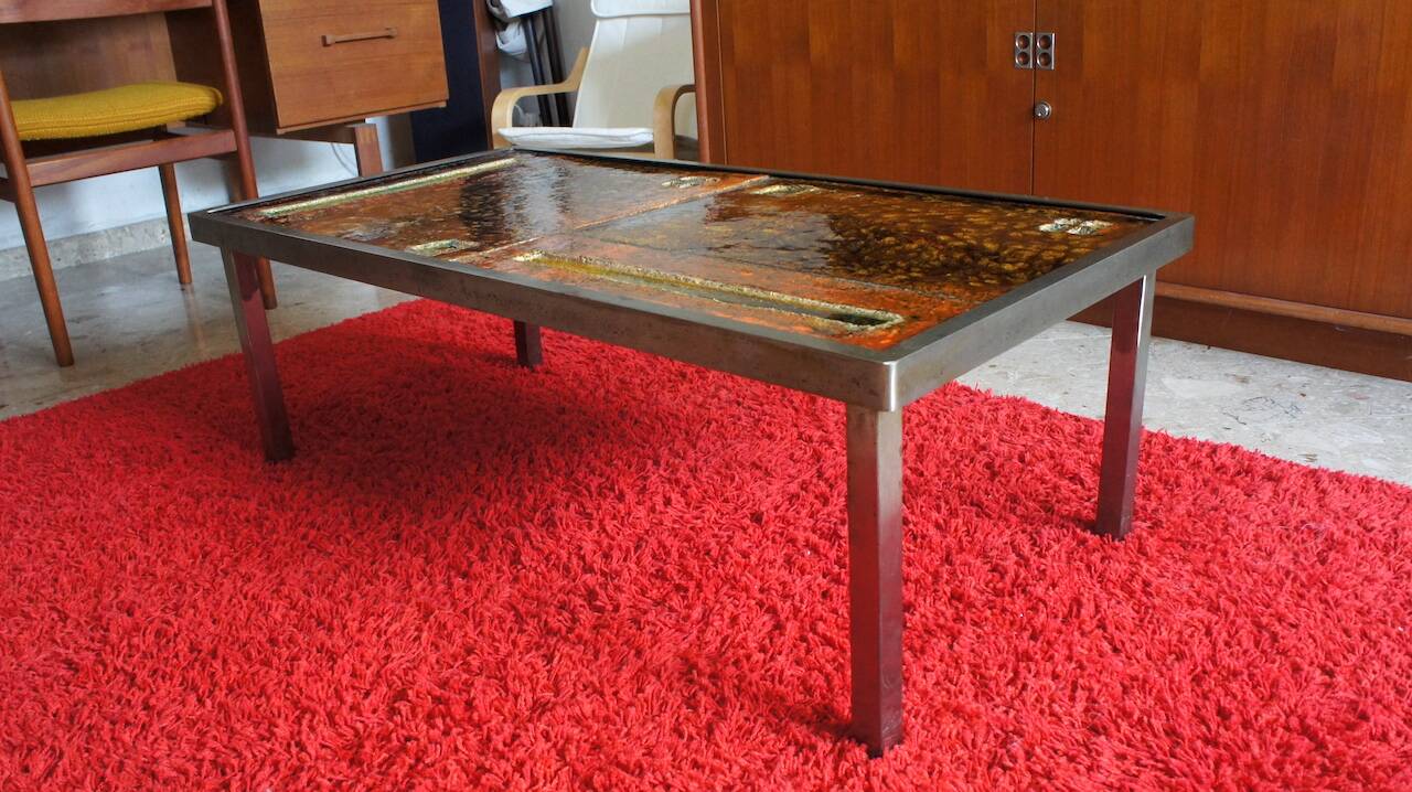 Coffee table by Robert and Jean Cloutier in steel and enameled lava stone Vintage 1950