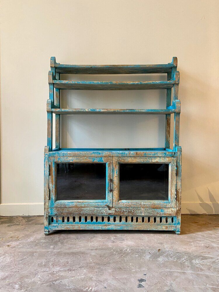 Sideboard 4 shelves and 2 glass doors in blue wood