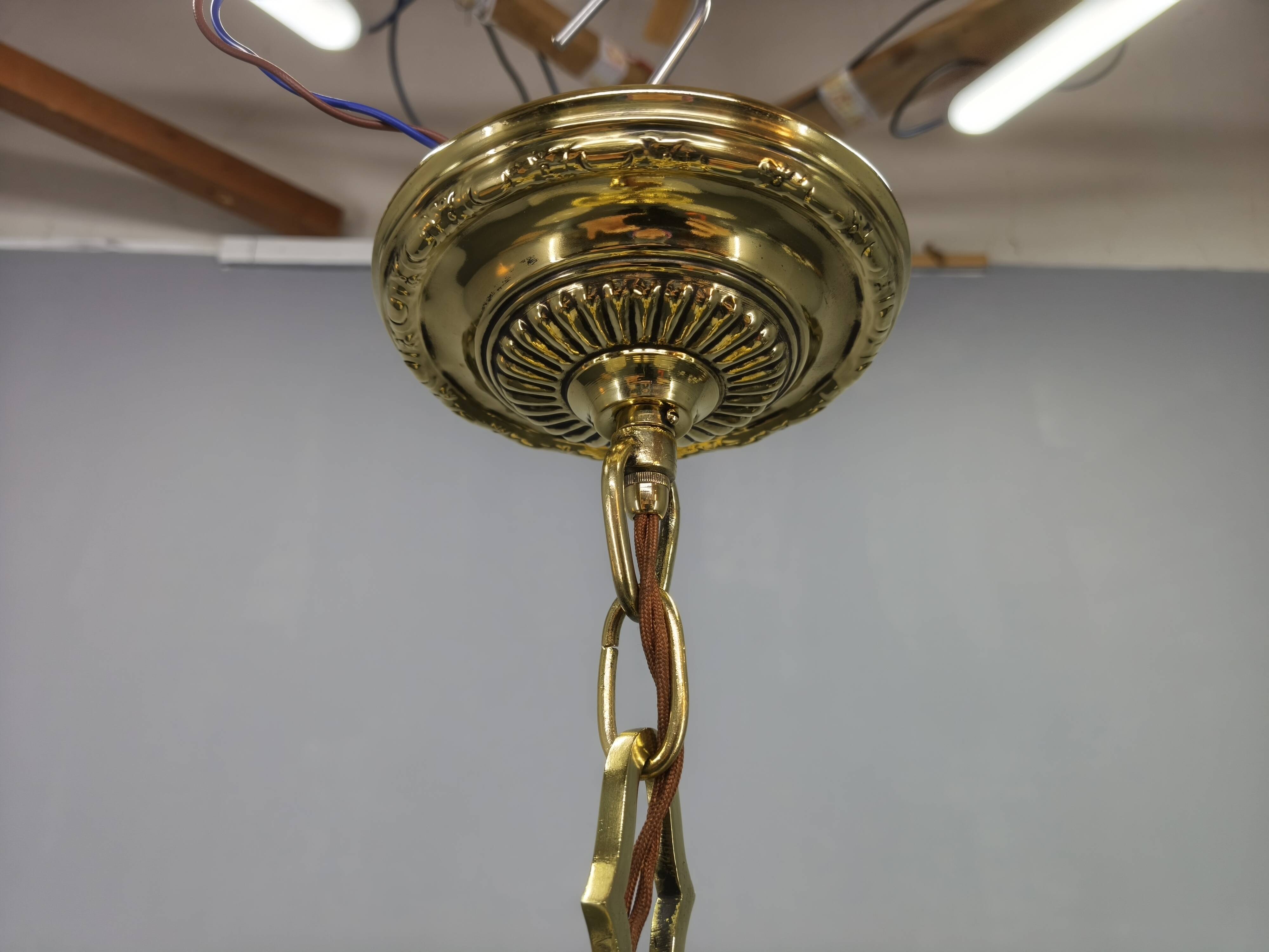 Art Deco Brass and Opaline Glass Chandelier, Czechoslovakia