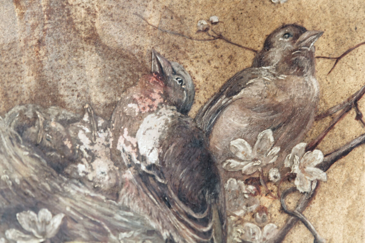 Bird dish, painted sheet metal, signed