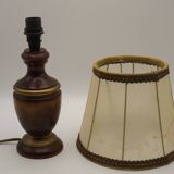 French Mid-Century Round Turned Wood Table Lamp with Hide Skin Shade