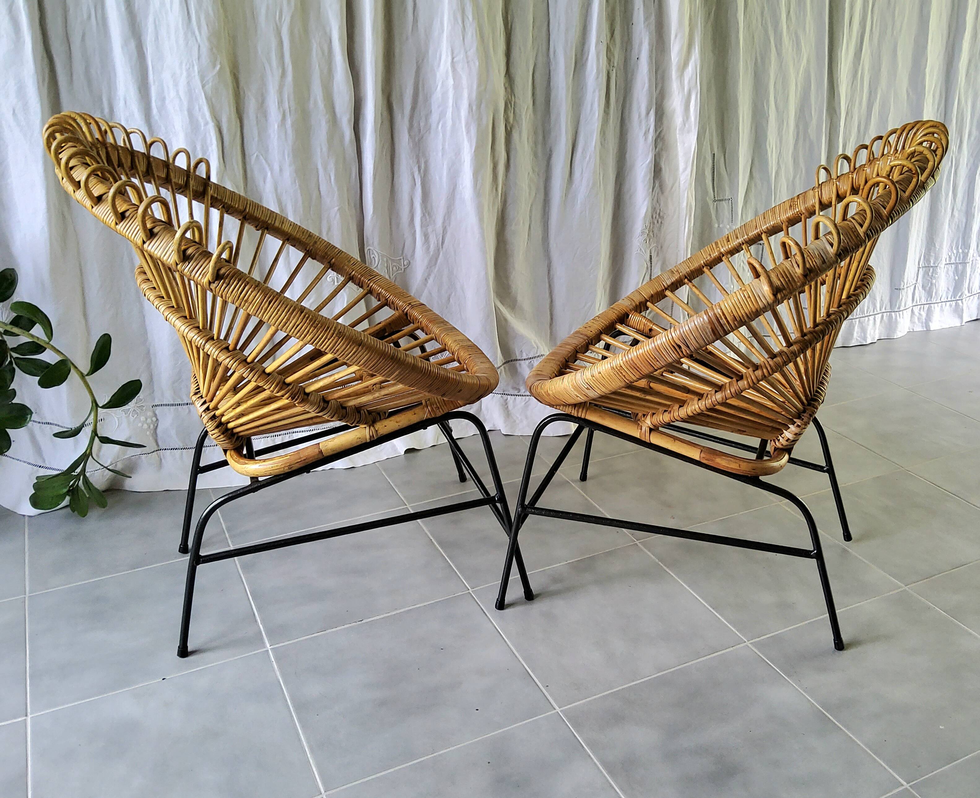Pair of 60s rattan armchairs