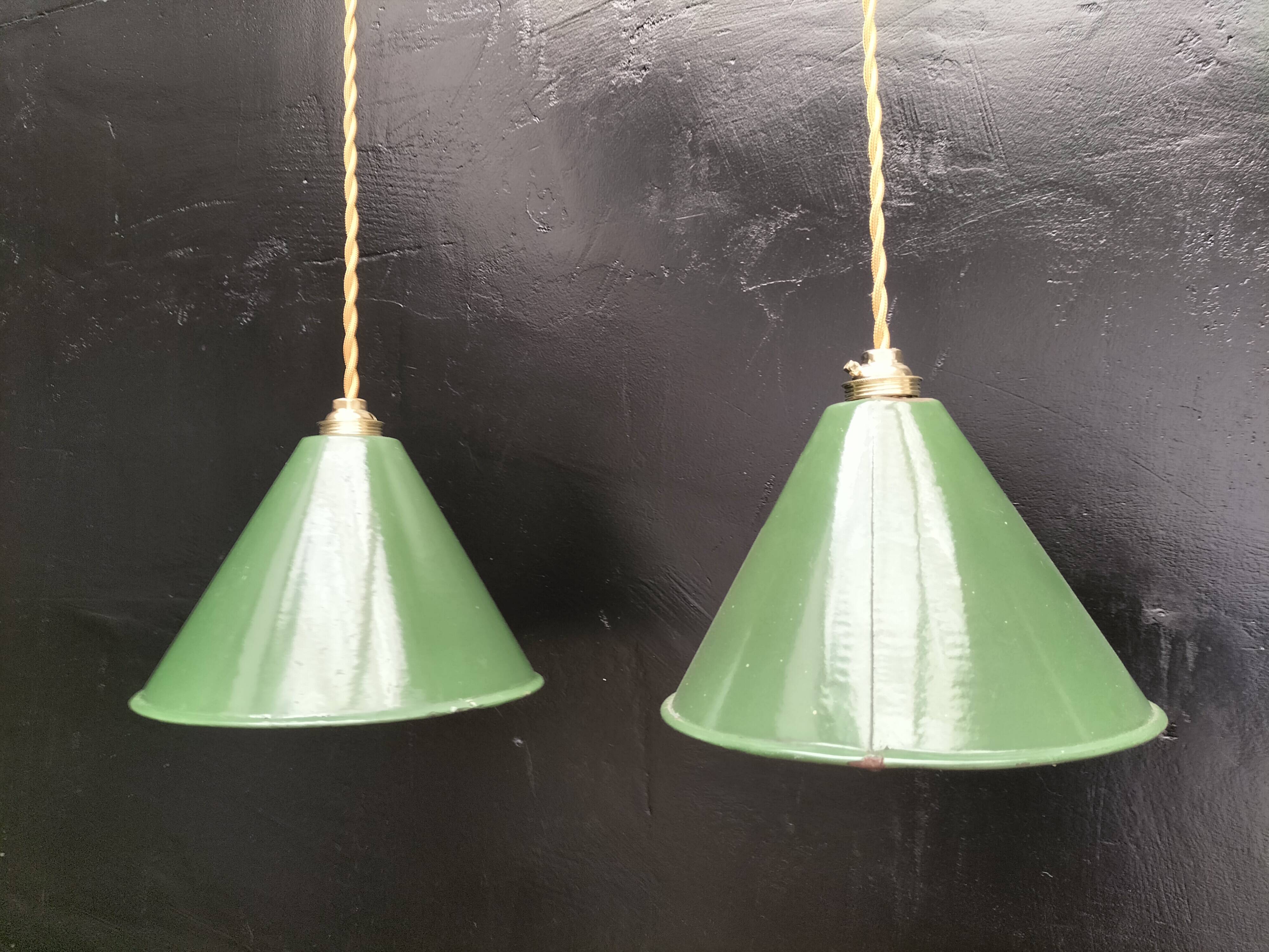 2 enameled sheet metal cone pendants