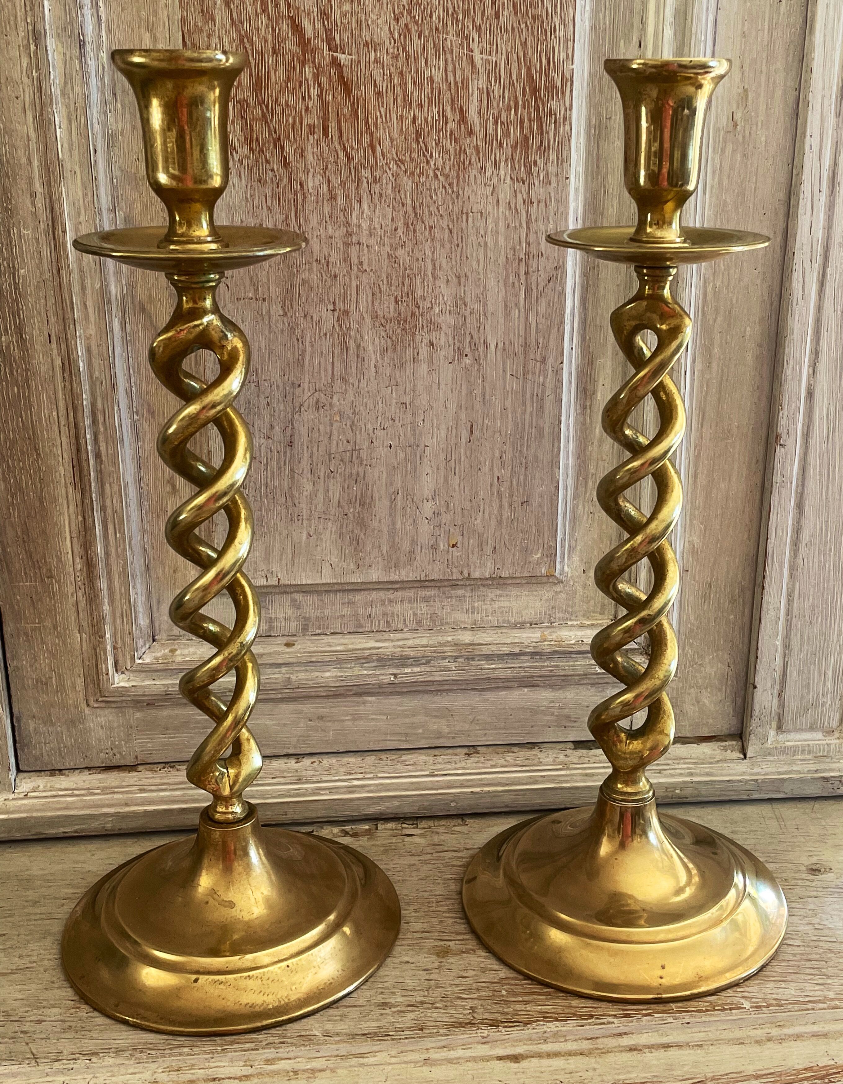 Old pair of twisted candle holders in gilded bronze 32.5cm