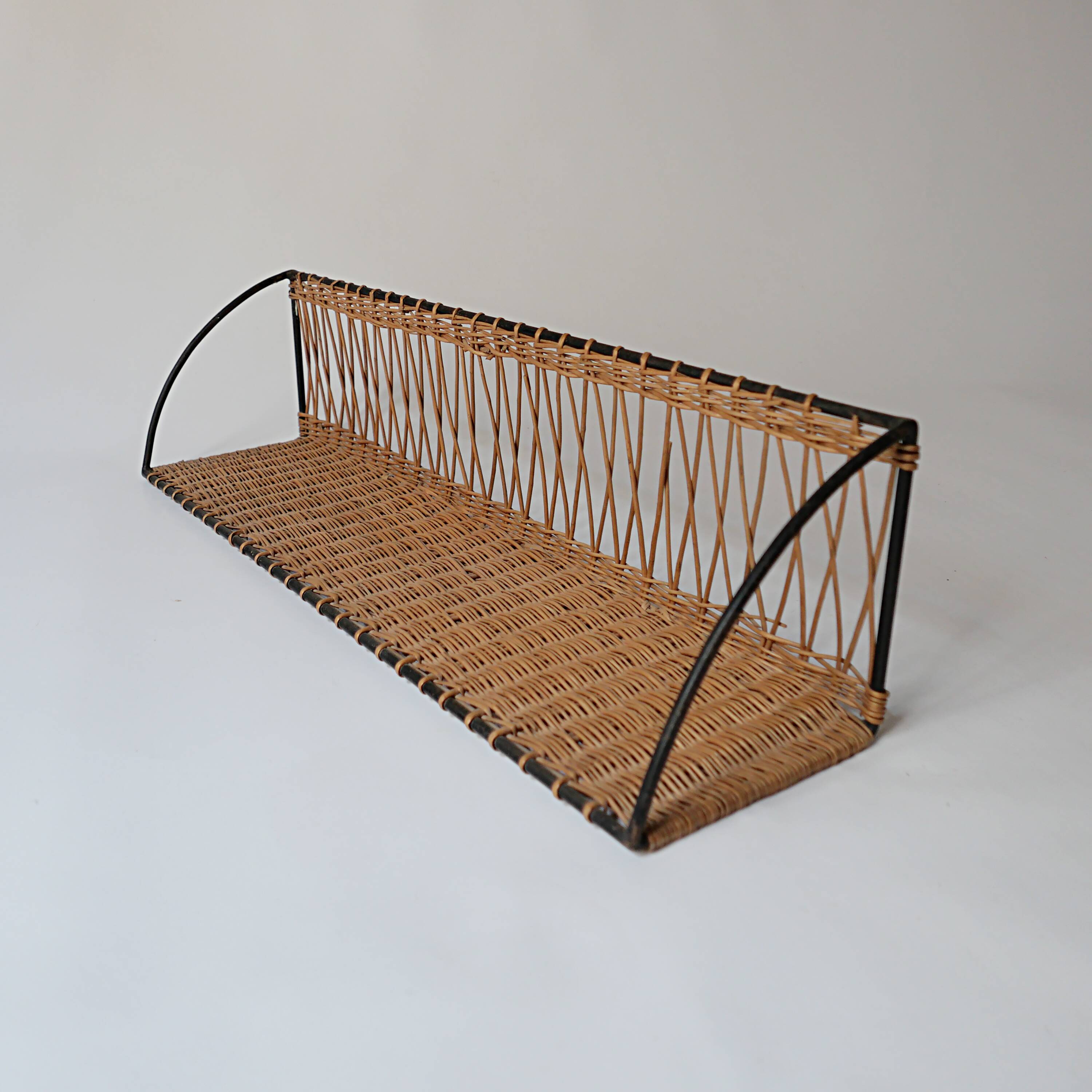 Vintage metal and wicker wall shelf, 1950s-1970s design, Mategot