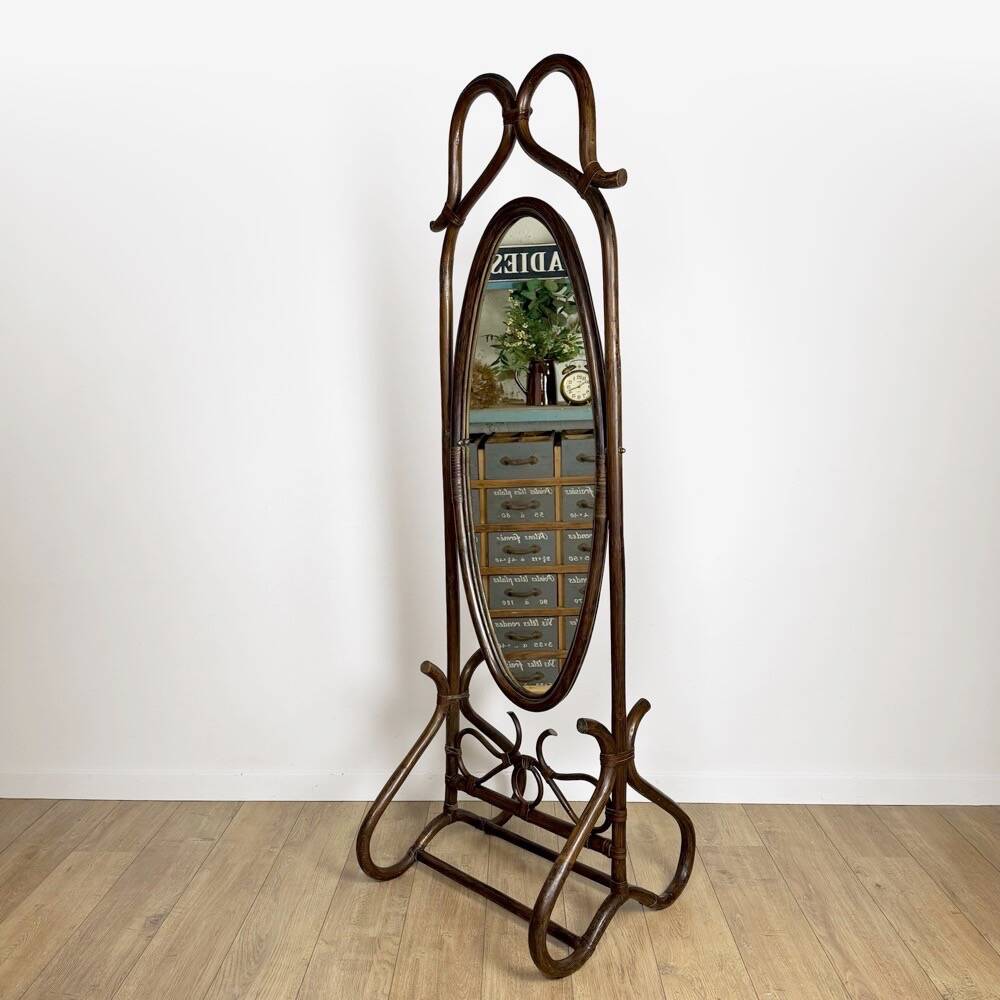 1960s curved wooden cheval mirror