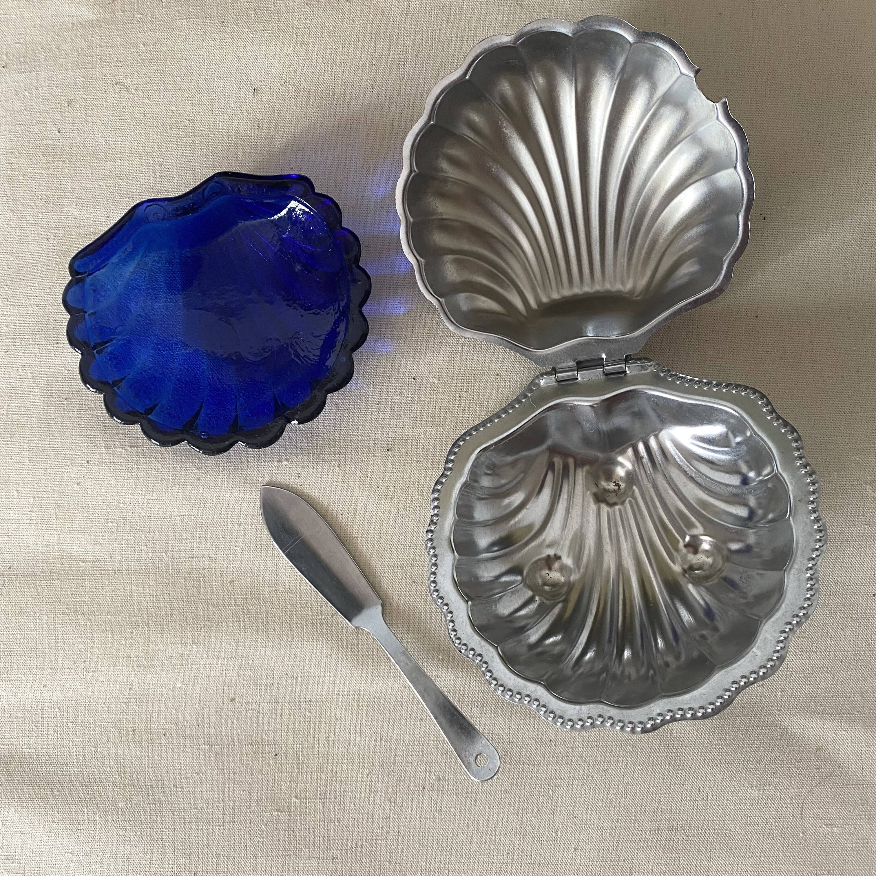 Stainless steel and glass shell butter dish with knife