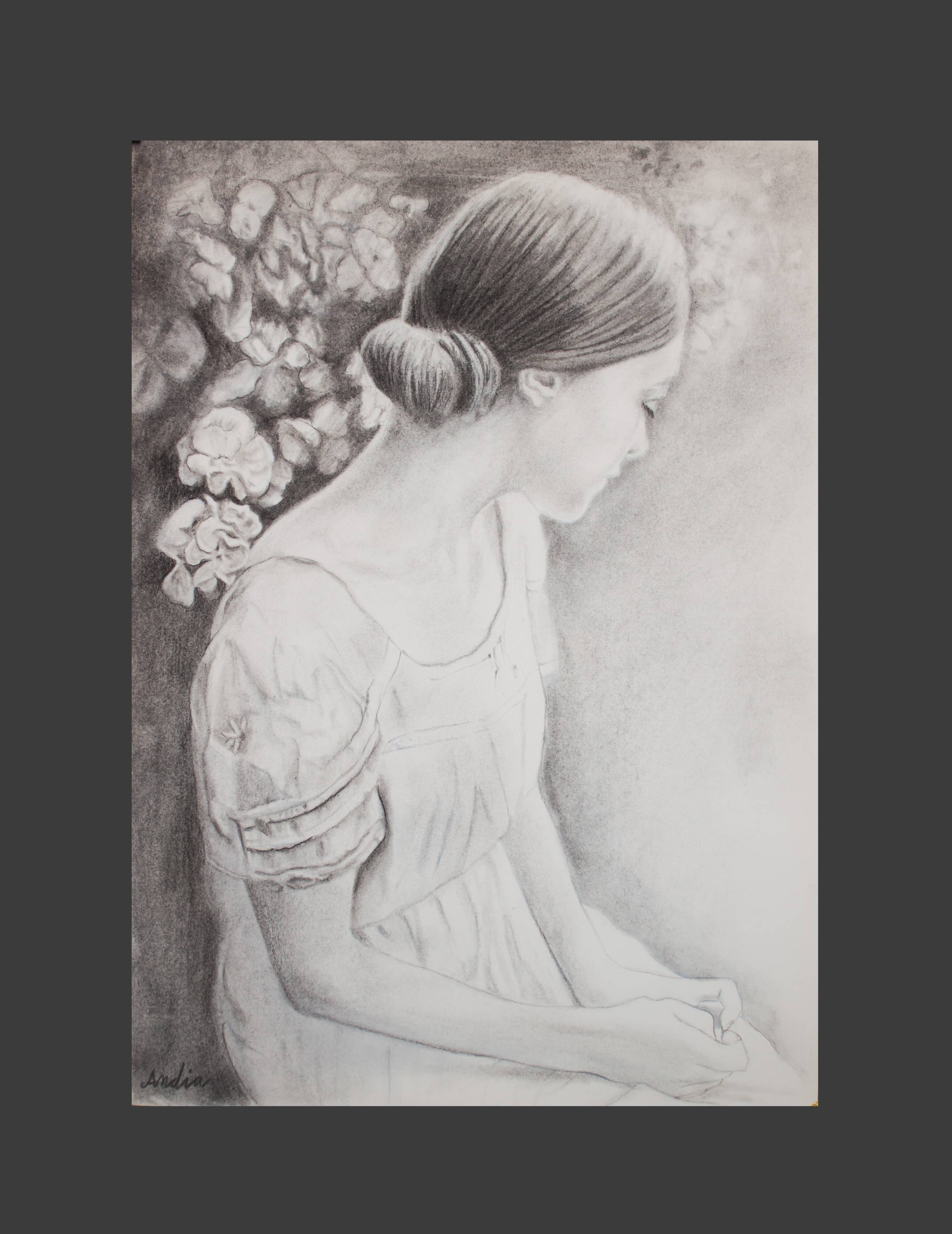 Charcoal drawing representing a young woman. Carbon paint.