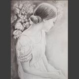 Charcoal drawing representing a young woman. Carbon paint.