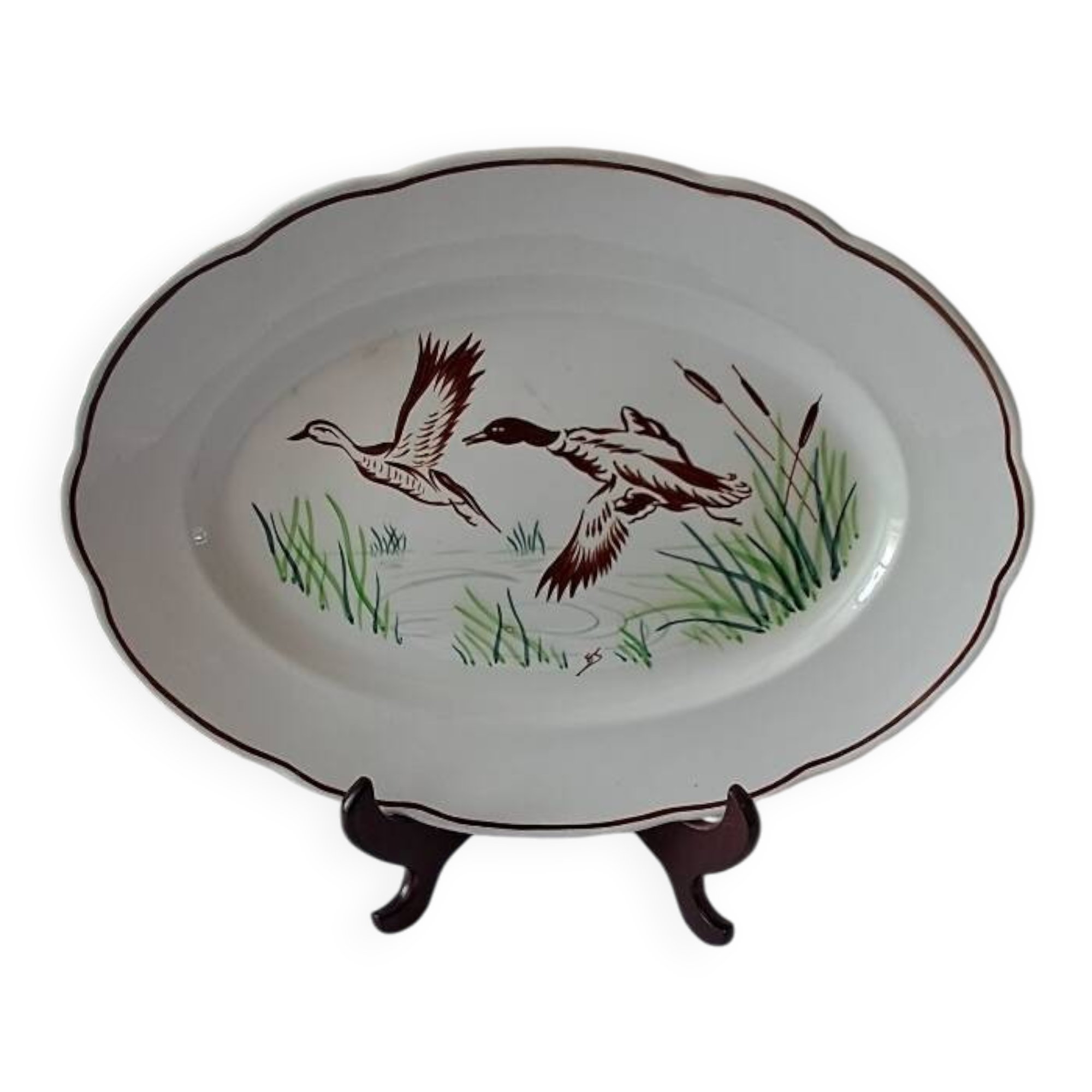 Digoin Sarreguemines dish, hand-painted decoration of wild birds