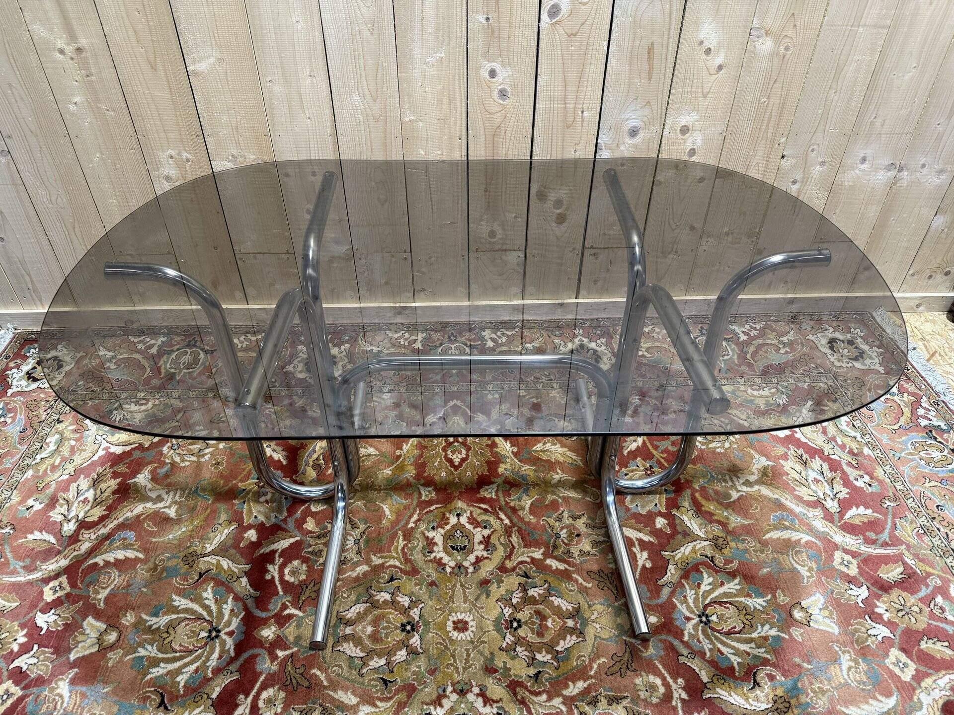 Tubular chrome and smoked glass dining table, 1970