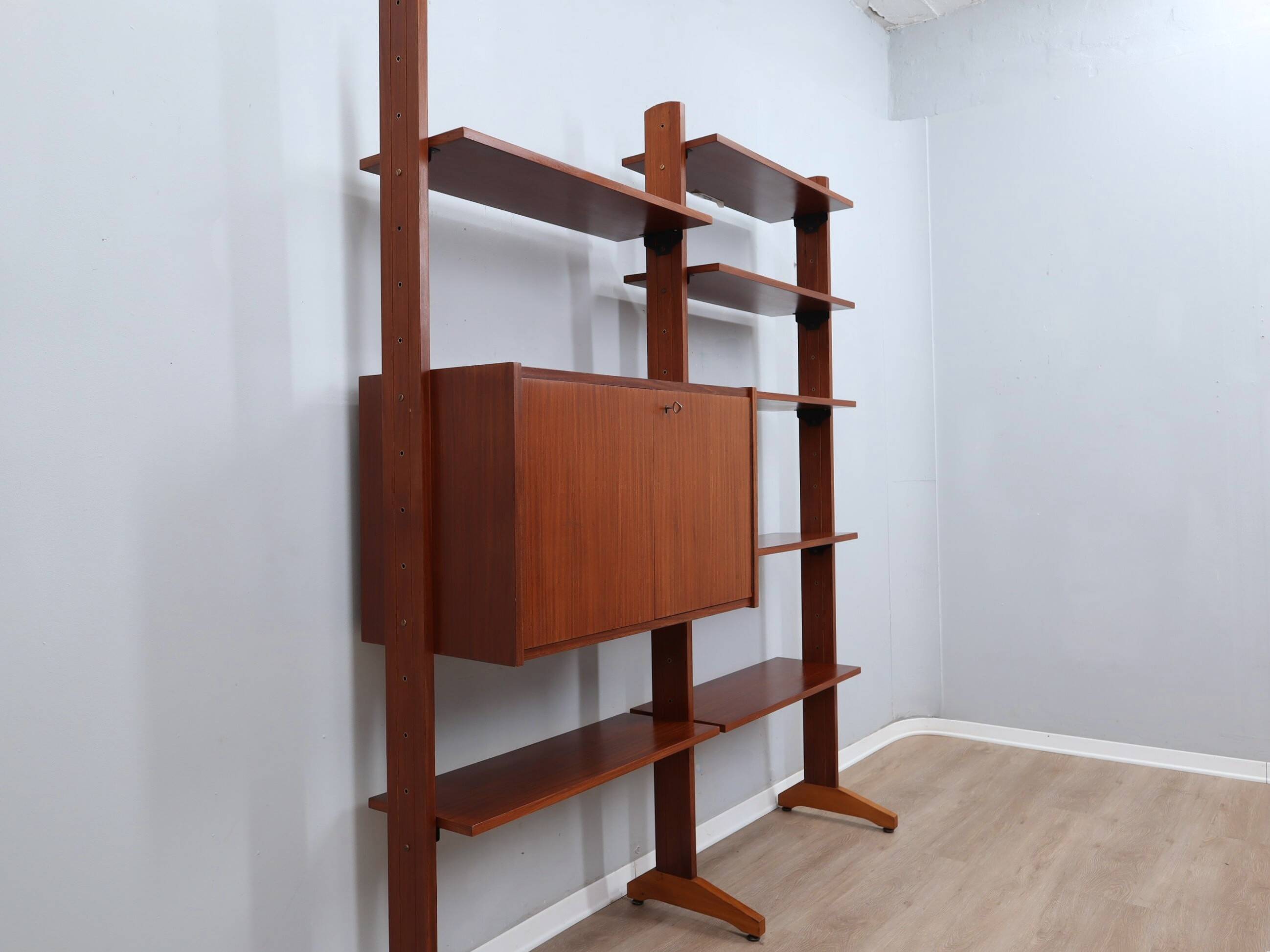 1950s teak modular wall unit with drop-front bar