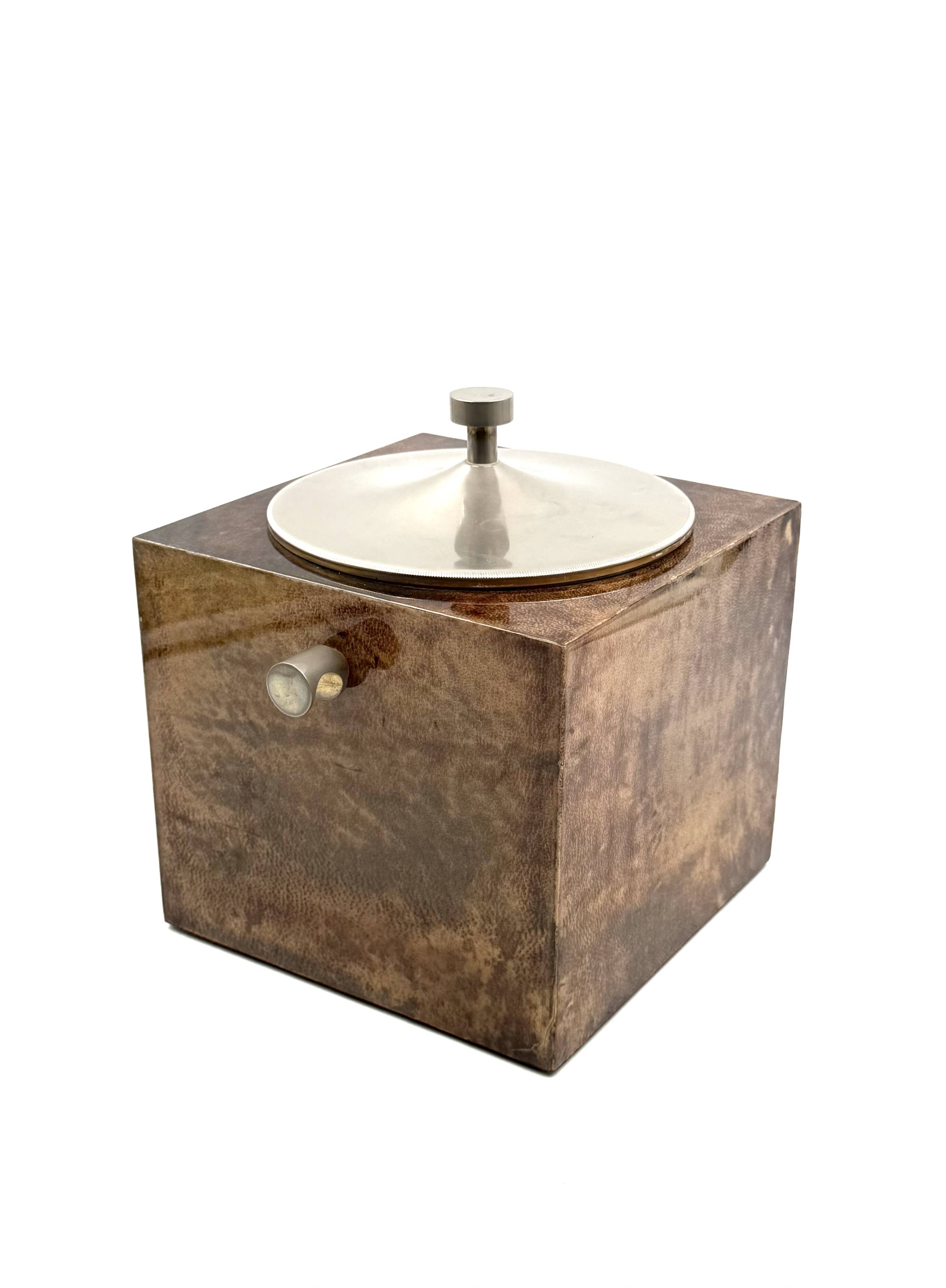 Mid-century brown parchment ice bucket, Aldo Tura Italy 1950s