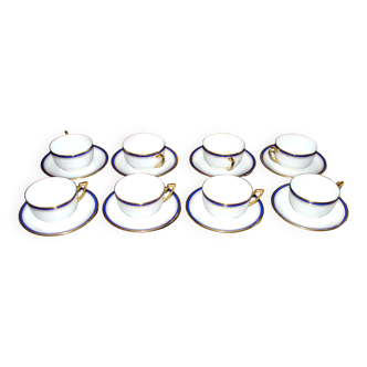 Set of 8 coffee tea cups in limoges porcelain signed vignaud edging gold and cobalt blue