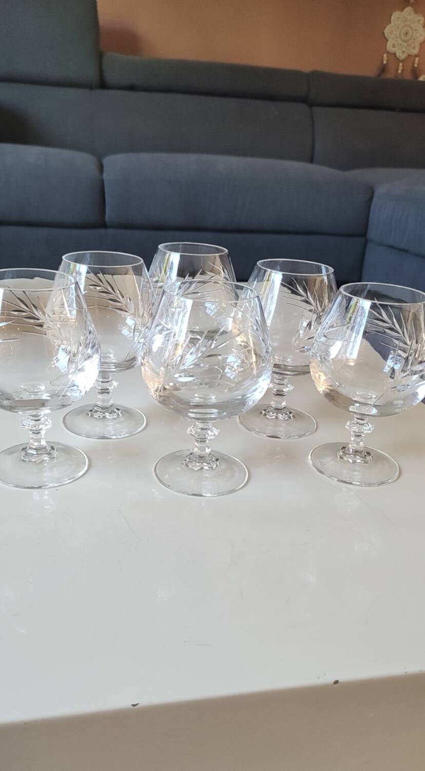 Set of 6 Cognac Glasses. Fleury/Arques Crystal Model. Wheat Ears Design
