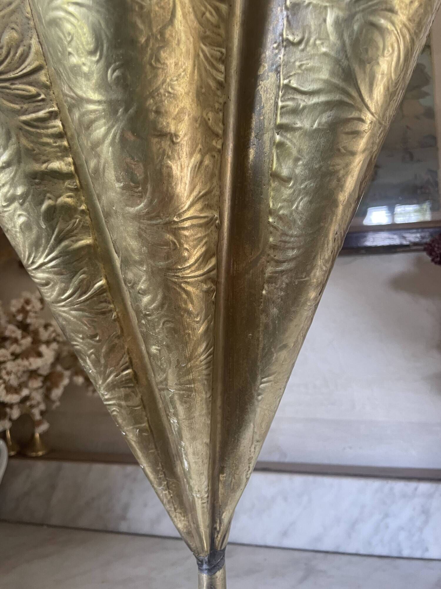 Antique repoussé brass umbrella stand