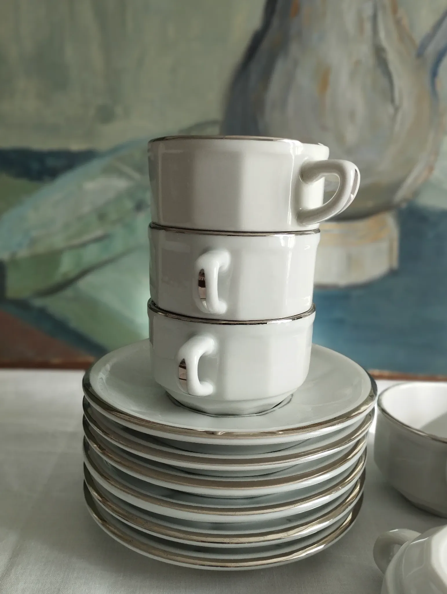 6 white porcelain coffee cups with silver trim Apilco Deshoulières