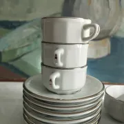 6 white porcelain coffee cups with silver trim Apilco Deshoulières