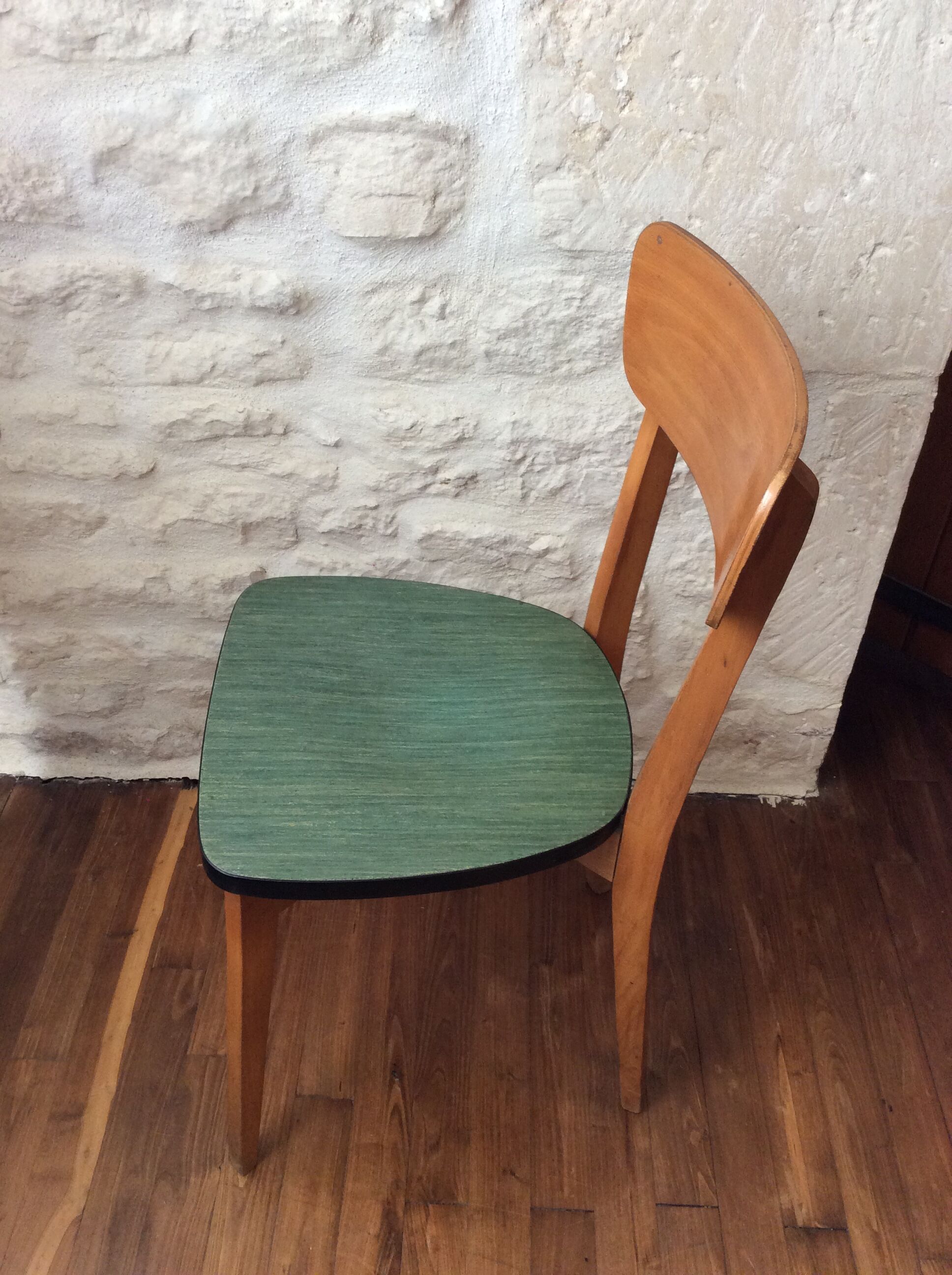 Set of 6 chairs in wood and green leatherette, 1960's