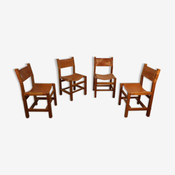 Série de 4 chaises vintage maison regain en orme et cuir 1970