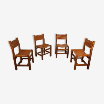 Series of 4 vintage Maison Regain chairs in elm and leather 1970