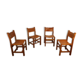 Series of 4 vintage Maison Regain chairs in elm and leather 1970