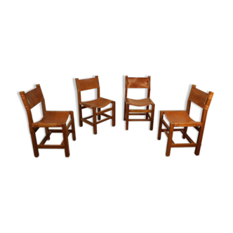 Series of 4 vintage Maison Regain chairs in elm and leather 1970
