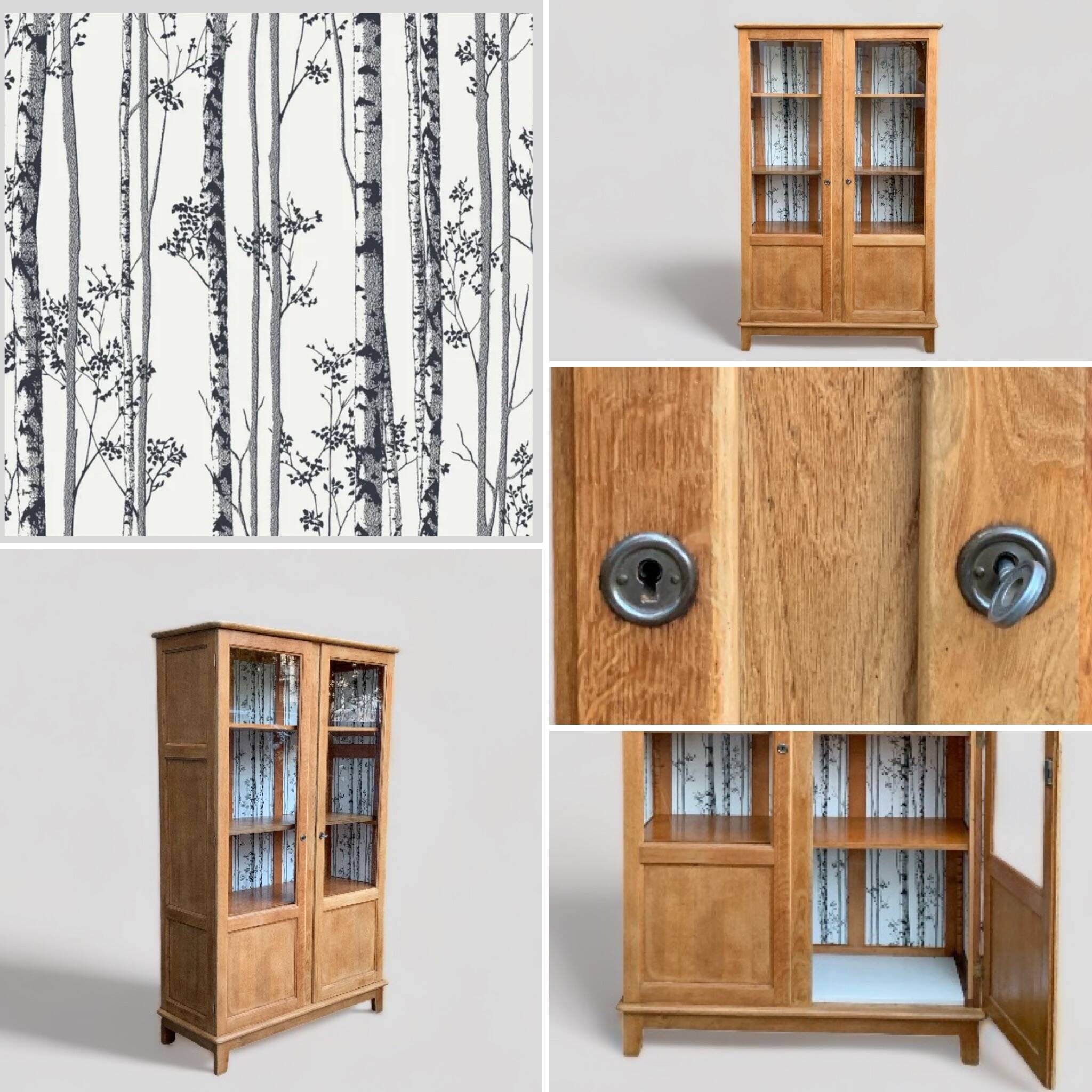 Solid raw oak school glass cabinet 1950