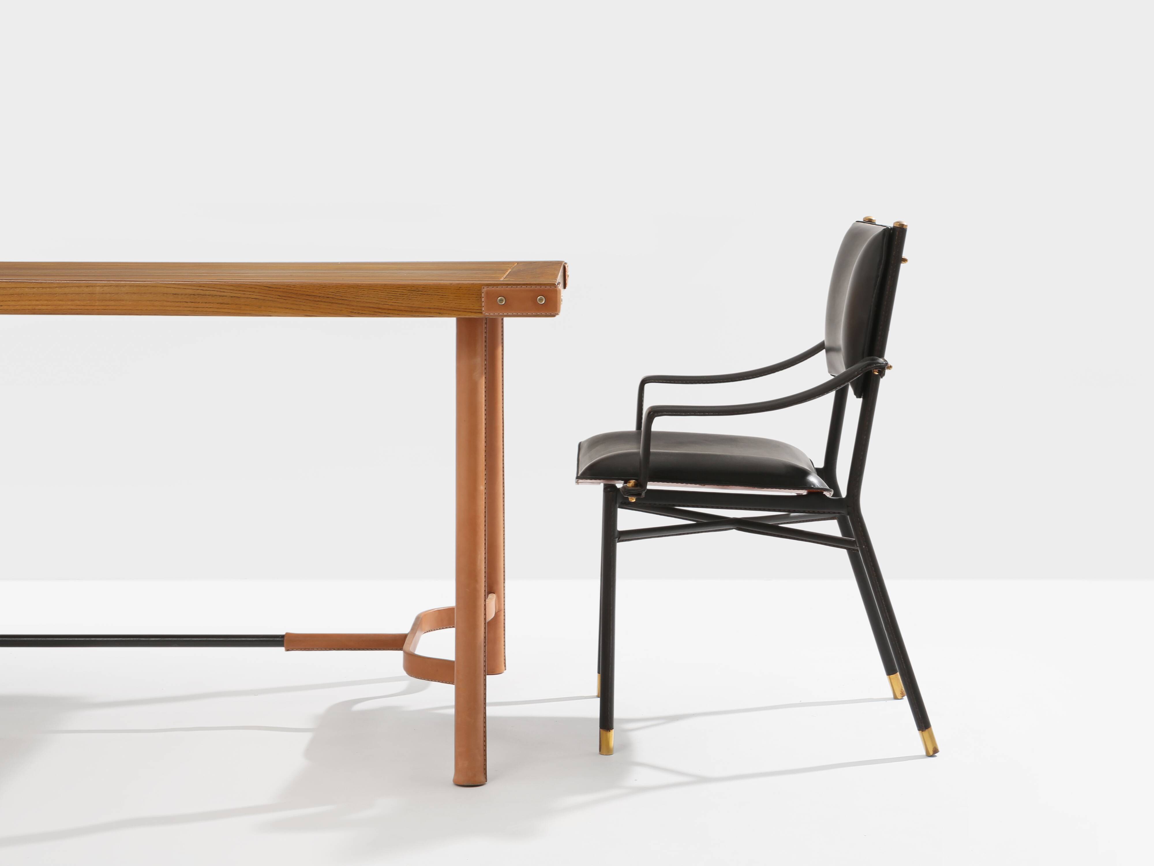 Jacques Adnet dining table oak red leather brass 1950