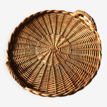 Round hard wicker tray with two vintage basketwork handles