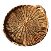 Round hard wicker tray with two vintage basketwork handles