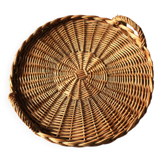 Round hard wicker tray with two vintage basketwork handles