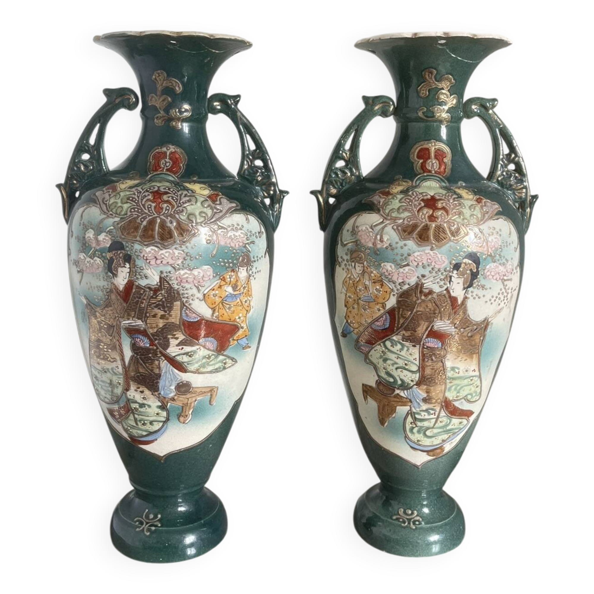 Antique Pair of Japanese Green Moriage Vases Baluster Amphora Flowers Restored