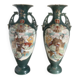 Antique Pair of Japanese Green Moriage Vases Baluster Amphora Flowers Restored