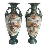 Antique Pair of Japanese Green Moriage Vases Baluster Amphora Flowers Restored