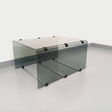Vintage coffee table in smoked glass, black metal and cast aluminum