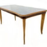 Vintage Beech and Maple Dining Table with a Patterned Blue Glass Top, Italy