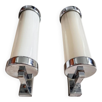Pair of chrome milk glass Bauhaus / functionalist wall lamps - 1930s