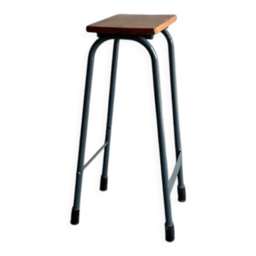 Upcycled industrial laboratory stool, black/grey metal frame with natural wood seat, mid-20th century