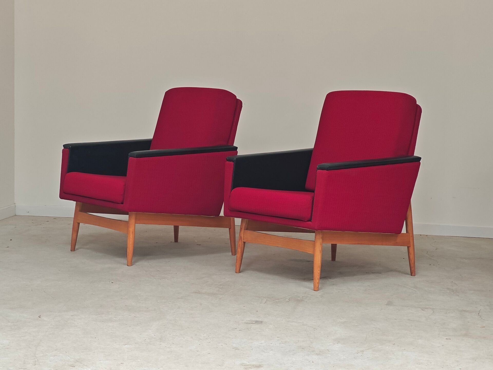 Pair of Drevotex Zamberk armchairs, red fabric and faux leather 1970